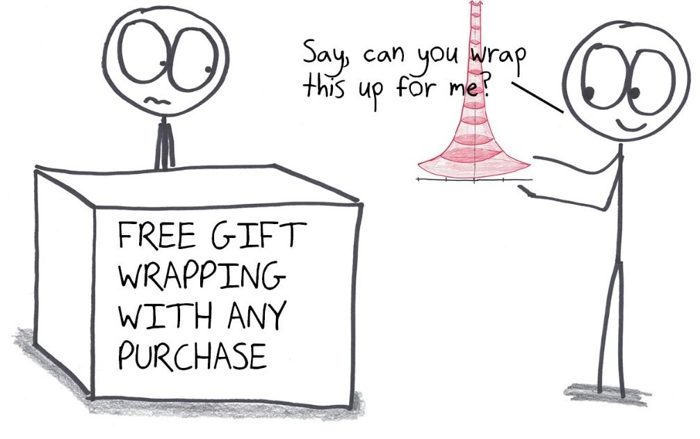 A customer asks for free gift wrapping on Gabriel's horn, a shape with finite volume but infinite surface area.