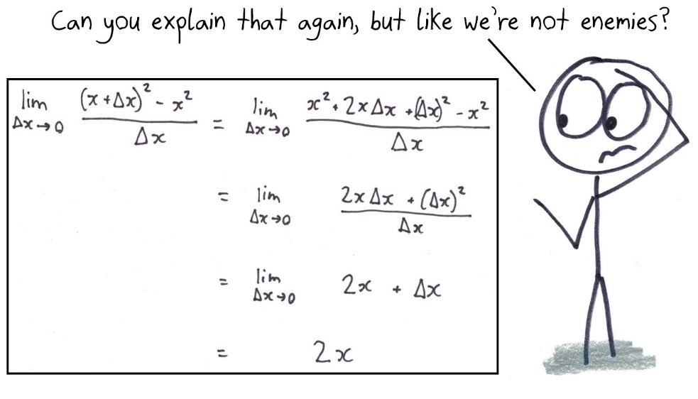 After a full limit-definition derivation that d/dx x² = 2x, a student asks for it again, but like we're not enemies.