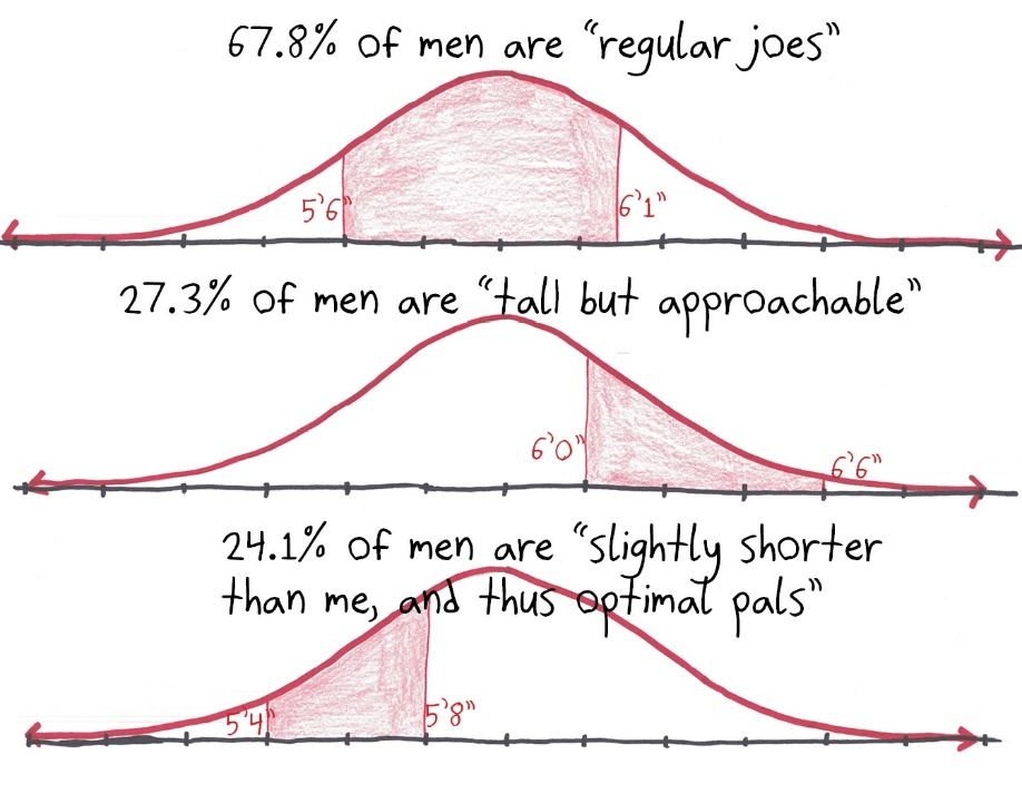 Shaded regions of a normal distribution of men's heights, with increasingly self-serving labels, ending with "slightly shorter than me, and thus optimal pals."