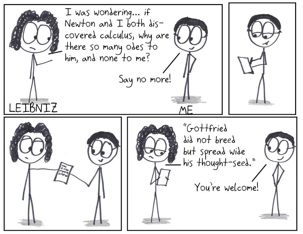 Leibniz, jealous of all the odes to Newton, asks for one of his own and gets a single awkward line.