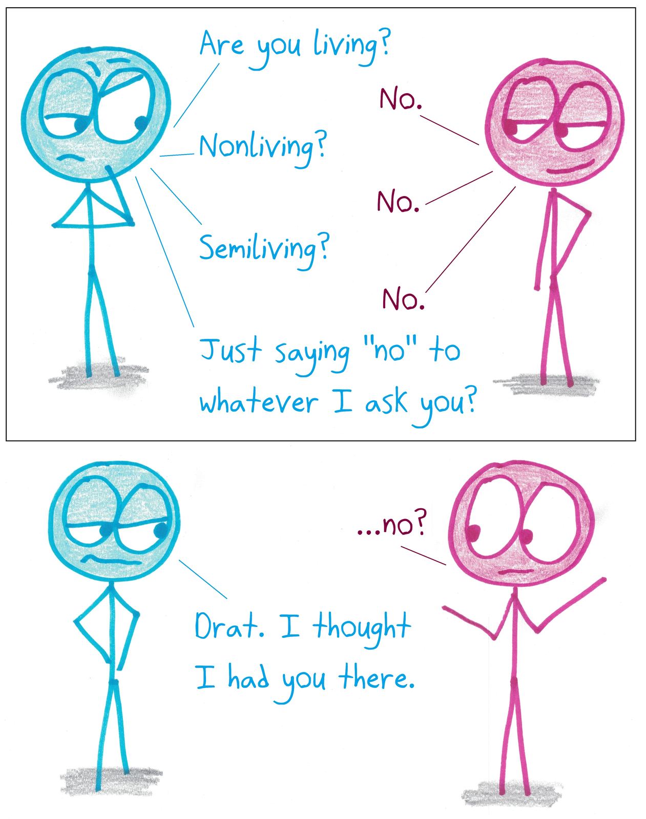 A questioner tries to pin down someone who answers 'no' to everything, including whether they always say no.