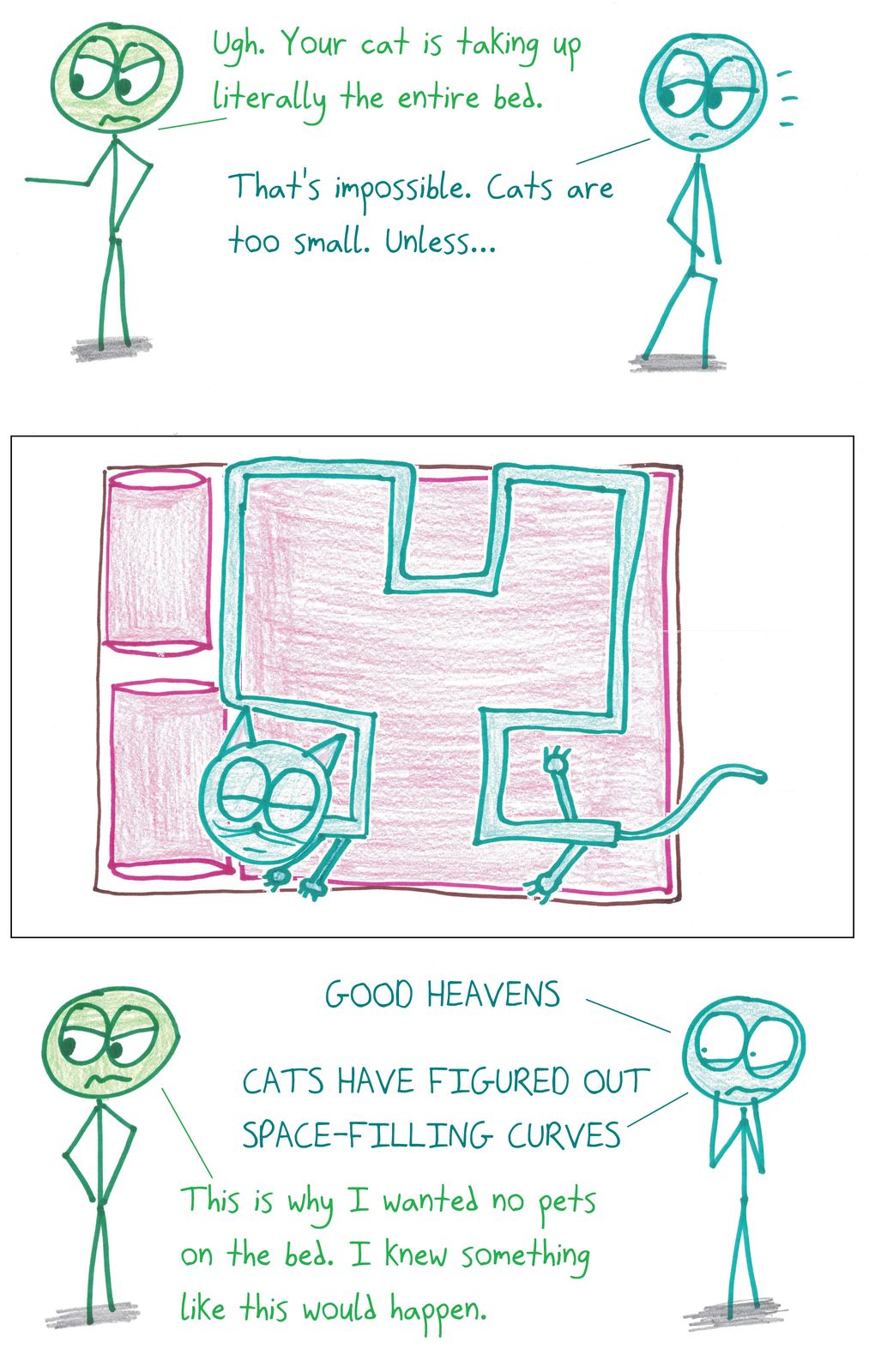 A cat covers an entire bed by contorting into a space-filling curve.