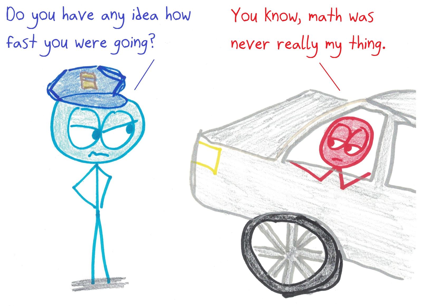Pulled over for speeding and asked whether they know how fast they were going, a driver pleads innumeracy: math was never really their thing.