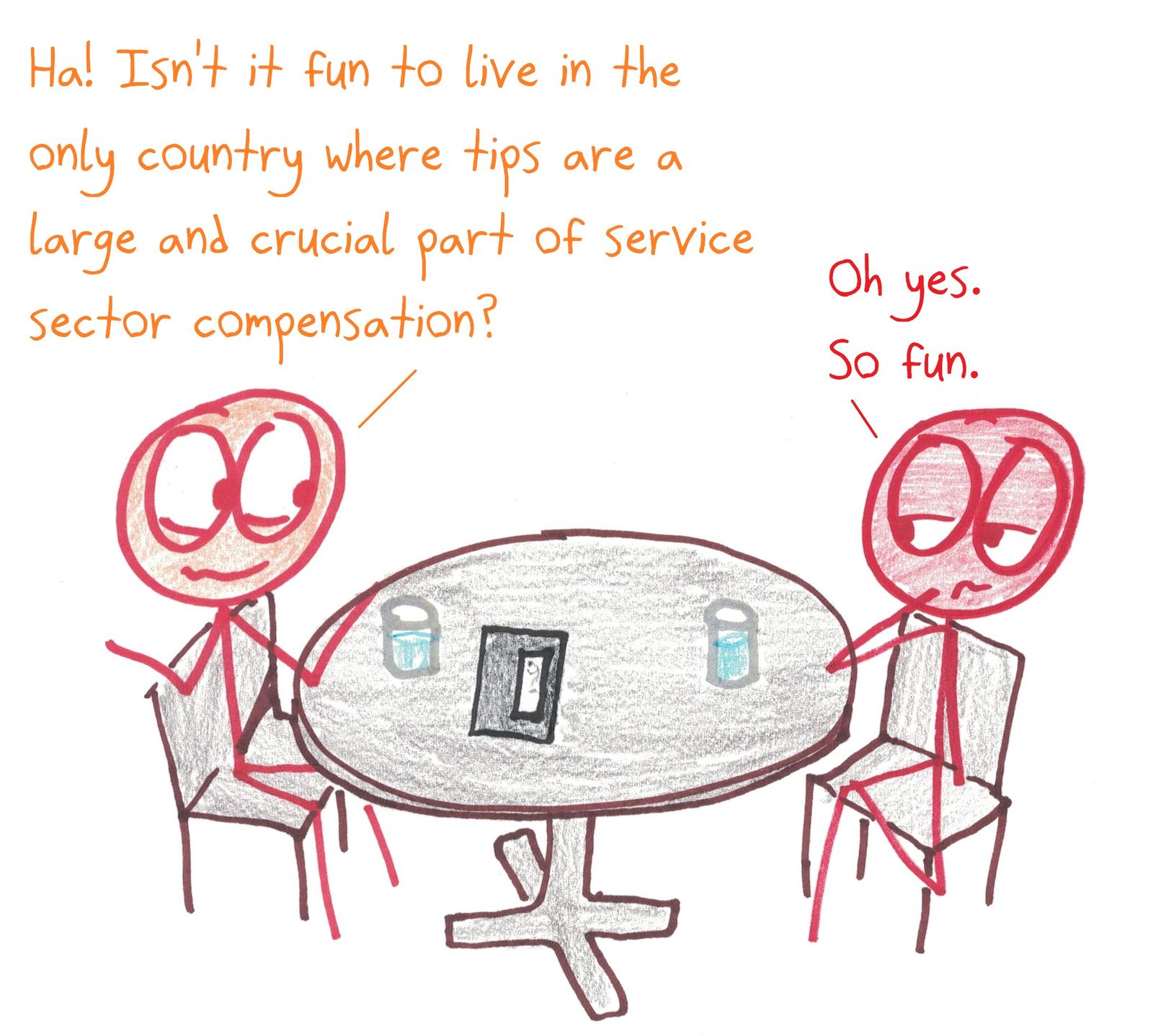 Two diners stare down the check and sarcastically celebrate living in the one country where tips make up a large and crucial share of service workers' pay.