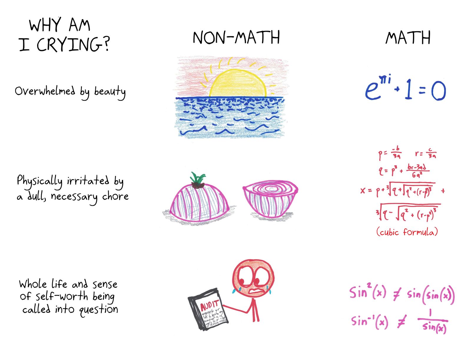 A chart of reasons to cry, with non-math and math examples: Euler's identity is beauty, the cubic formula is chopping onions, and trig notation is an existential crisis.