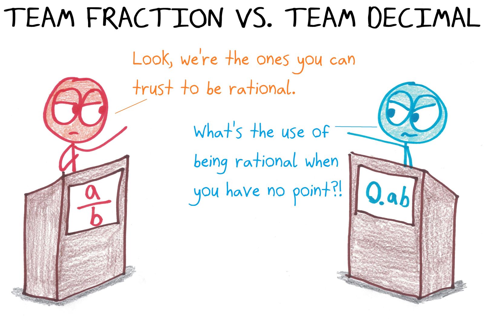 A fraction and a decimal debate: fractions are 'rational,' decimals retort that fractions have no point.