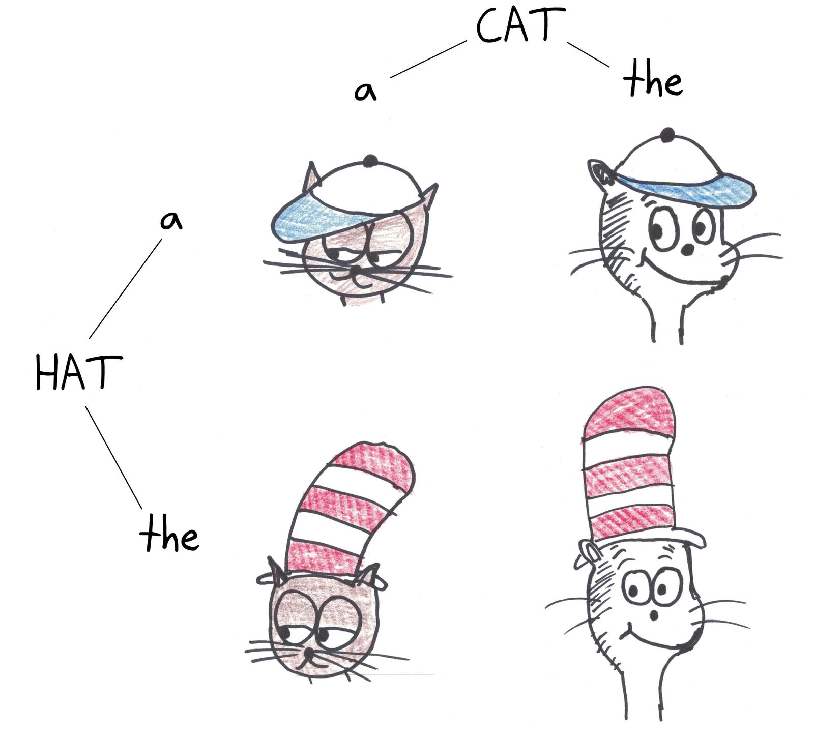 A two-way table crossing 'a/the cat' with 'a/the hat,' showing the four combinations, only one of which is the famous one.