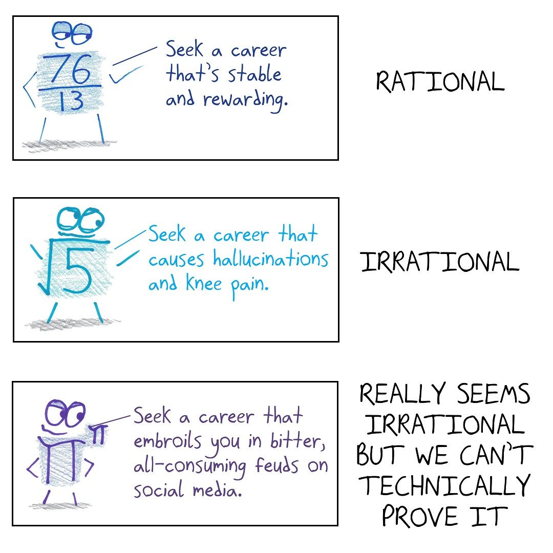 Numbers give career advice matching their type: rational, irrational, and π, which 'seems irrational but we can't technically prove it.'