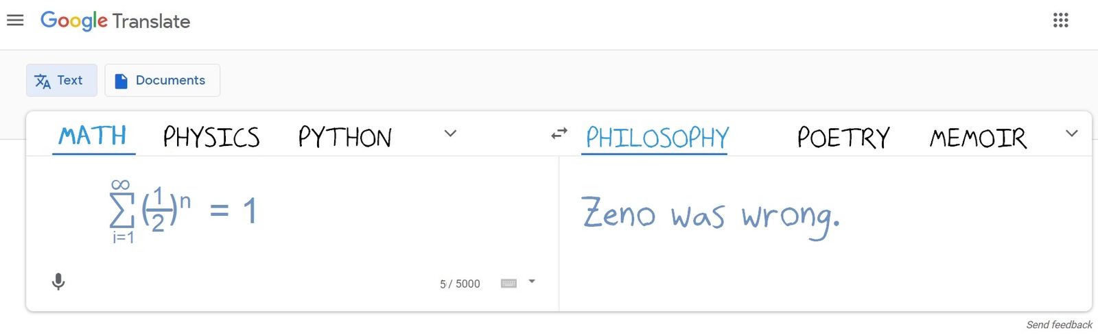 A mock Google Translate converts the geometric series summing to 1 into the philosophy sentence 'Zeno was wrong.'