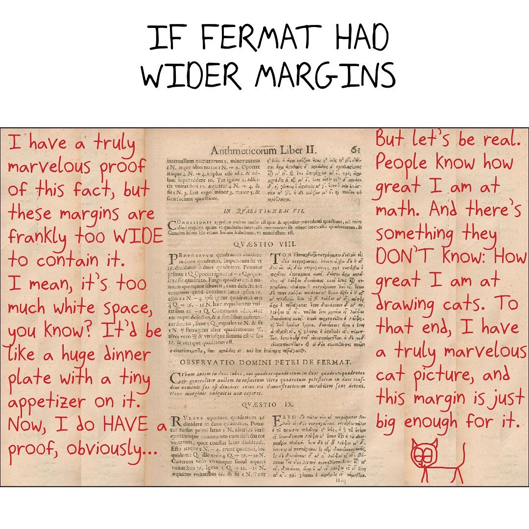 Fermat, given wide margins, still doesn't write his proof; he draws a cat instead.
