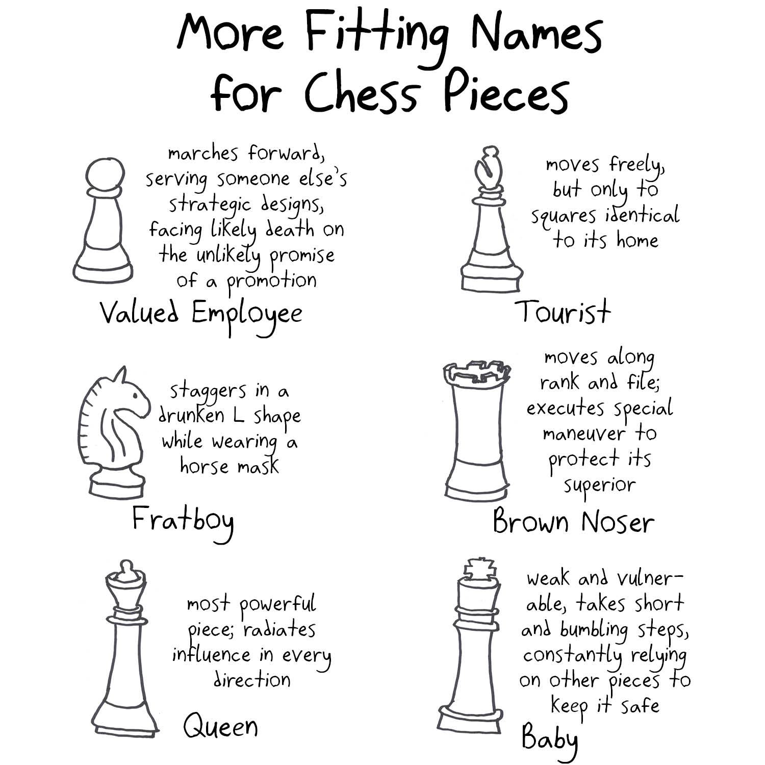 New names for chess pieces based on how they move: valued employee, tourist, fratboy, brown noser, queen and baby.