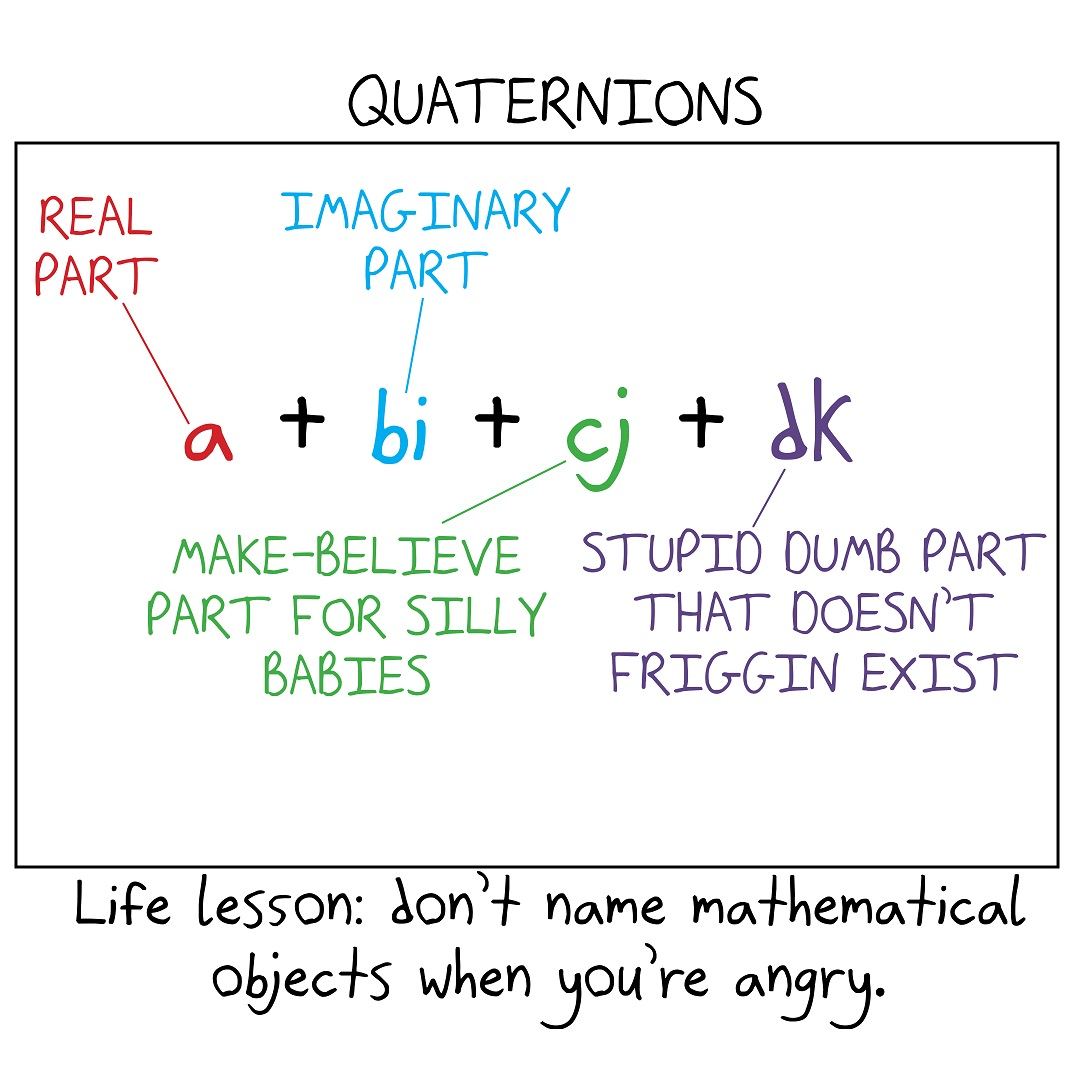 The parts of a quaternion, labeled with increasingly angry names.