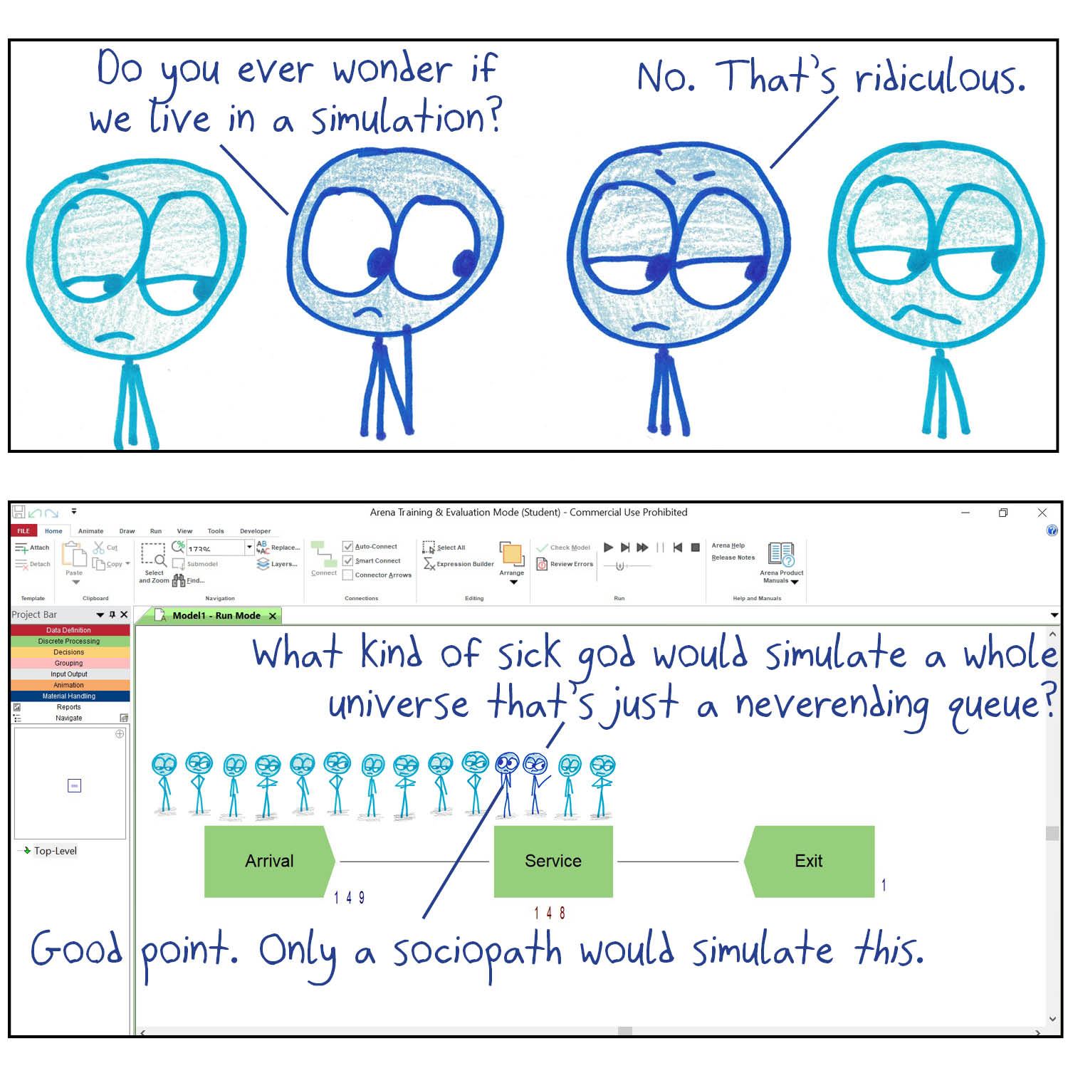 Two people dismiss the simulation hypothesis while standing in a queue inside a discrete-event simulation program.