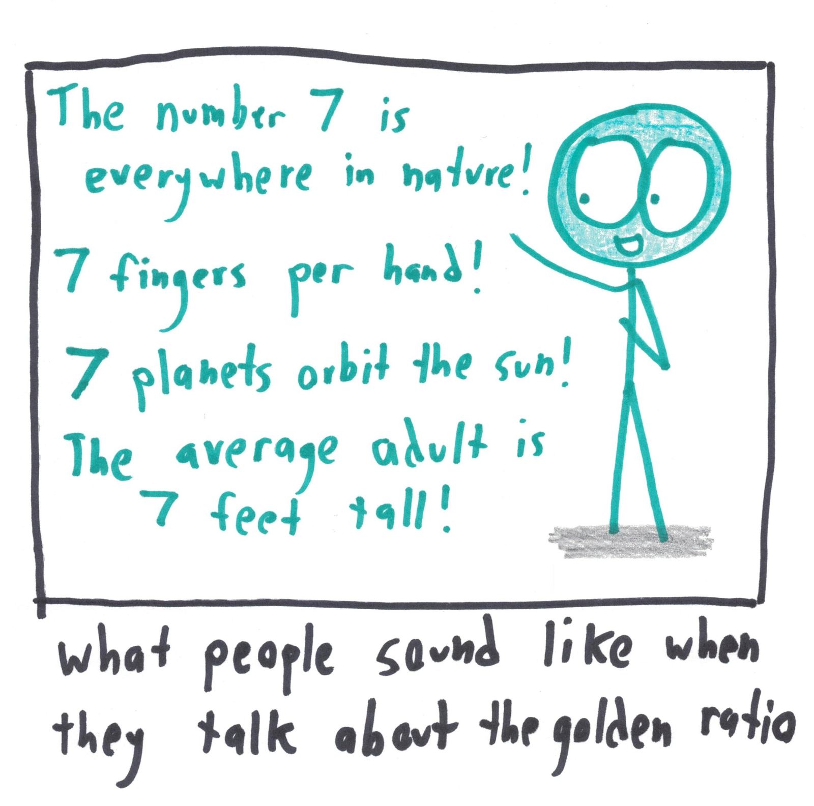 An enthusiast lists false 'facts' about 7 in nature, parodying overblown claims about the golden ratio.