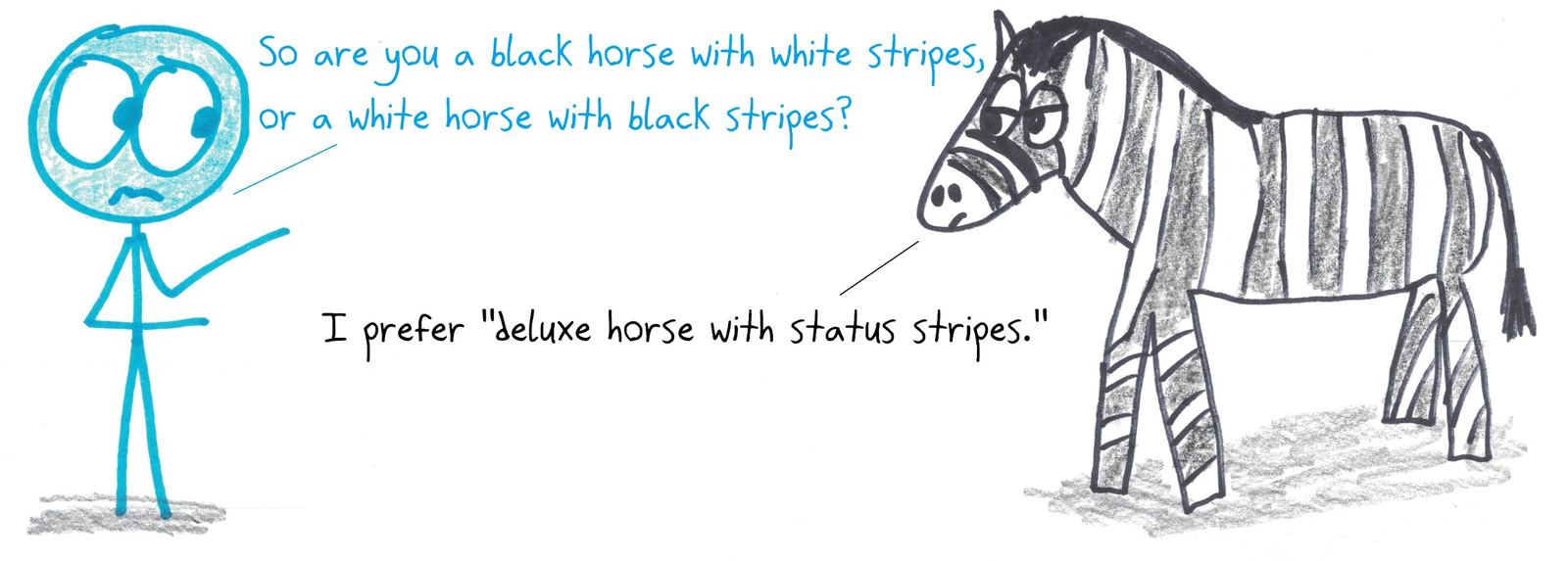 Asked the classic question, is a zebra black with white stripes or white with black stripes?, the zebra rejects both framings: it's a deluxe horse with status stripes.