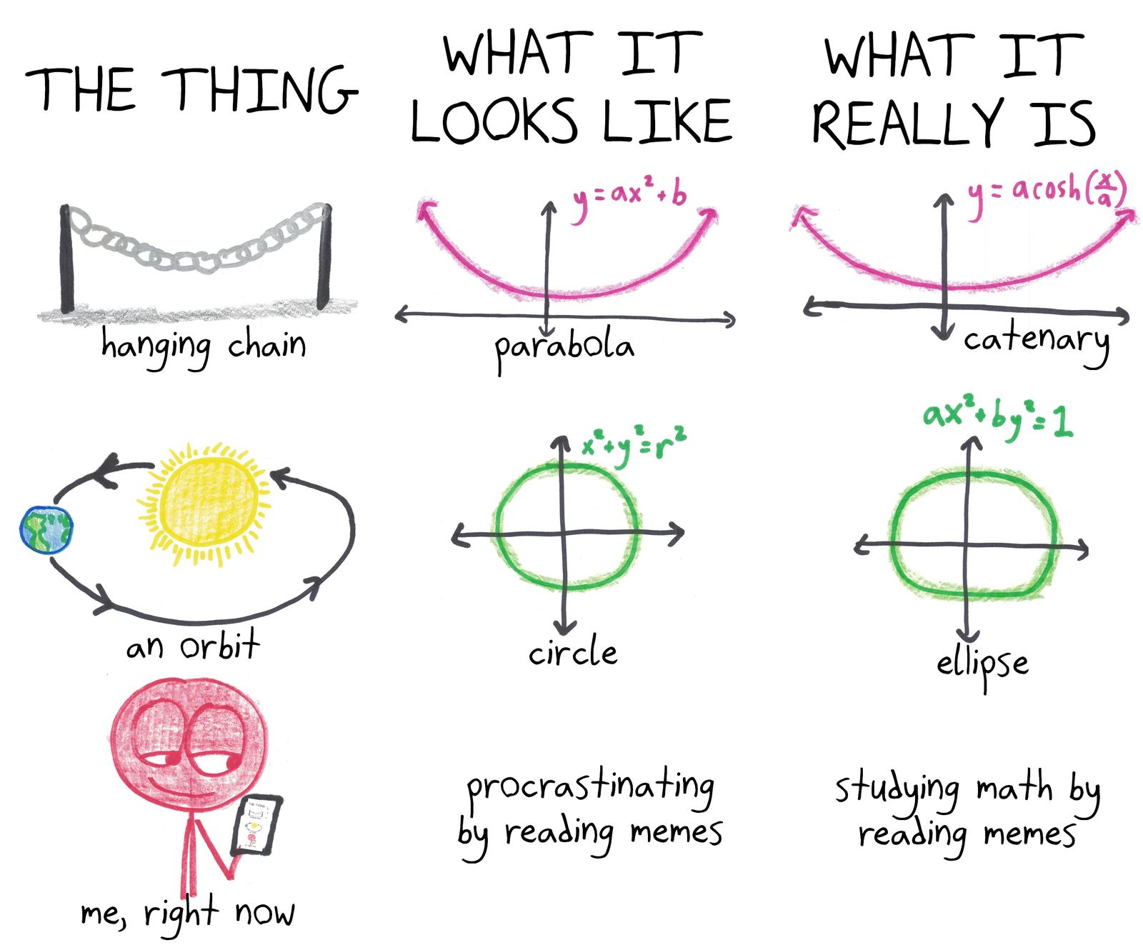 A three-column chart: a hanging chain looks parabolic but is a catenary, an orbit looks circular but is elliptical, and meme-reading is secretly studying.