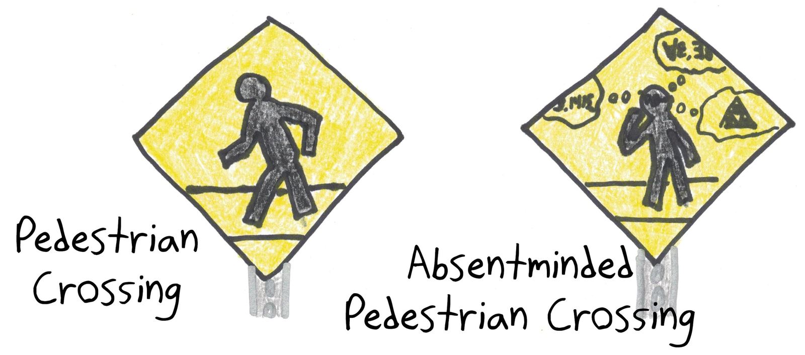 Road signs for mathematicians: watch out for absentminded pedestrians, lost in thoughts of pi and triangles in the middle of the crosswalk.