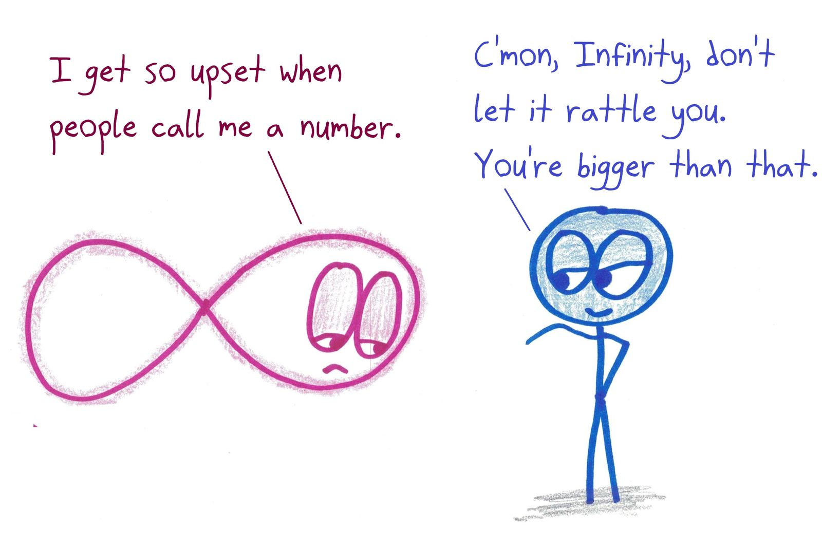 Infinity is upset at being called a number, and a friend consoles it: 'You're bigger than that.'