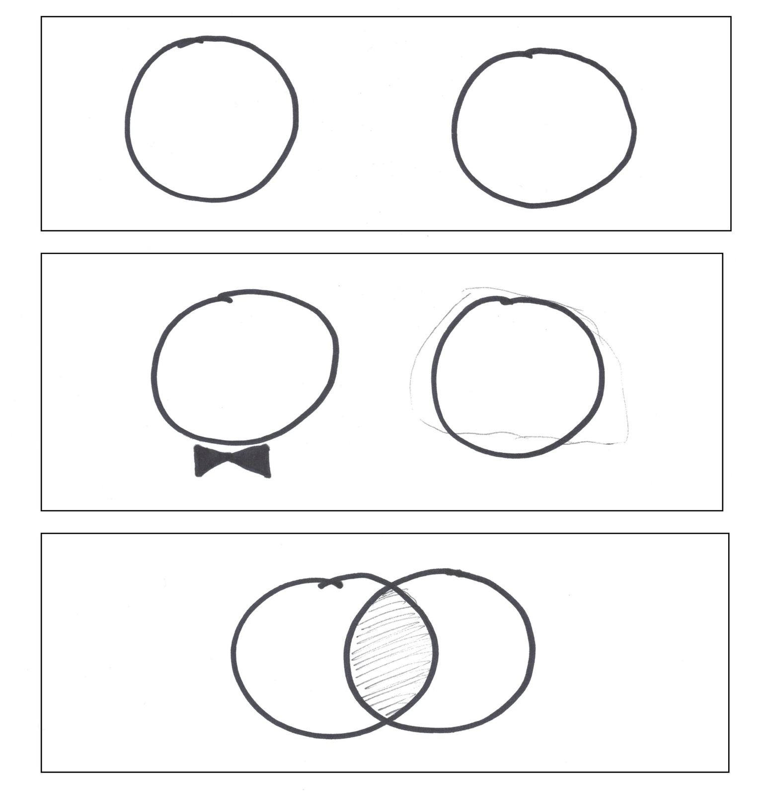 Two circles meet, dress for a wedding, and become a Venn diagram with a shaded intersection.