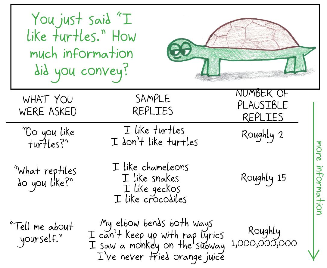 "I like turtles" conveys more or less information depending on the question: a yes/no question has 2 plausible replies, an open-ended one has a billion. Information theory, explained with turtles.