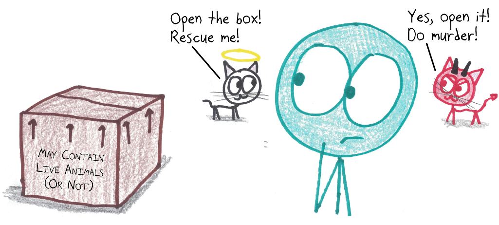 Schrödinger's cat as a shoulder angel and devil: open the box to rescue the cat, or open it to do murder.