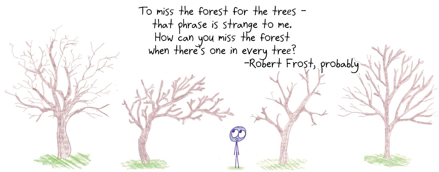 A mock Robert Frost couplet: you can't miss the forest for the trees when every tree, branching fractally, contains a forest of its own.