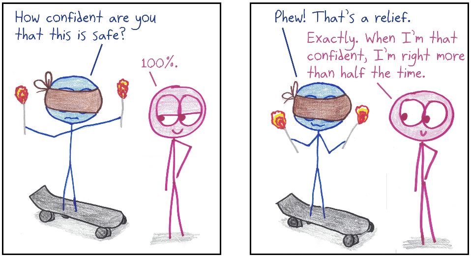 A blindfolded, torch-juggling skateboarder is 100% confident it's safe, adding that when they're that confident, they're right more than half the time.