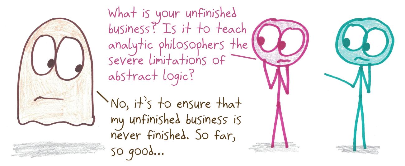 A ghost's unfinished business is to make sure its unfinished business is never finished. A self-referential haunting.