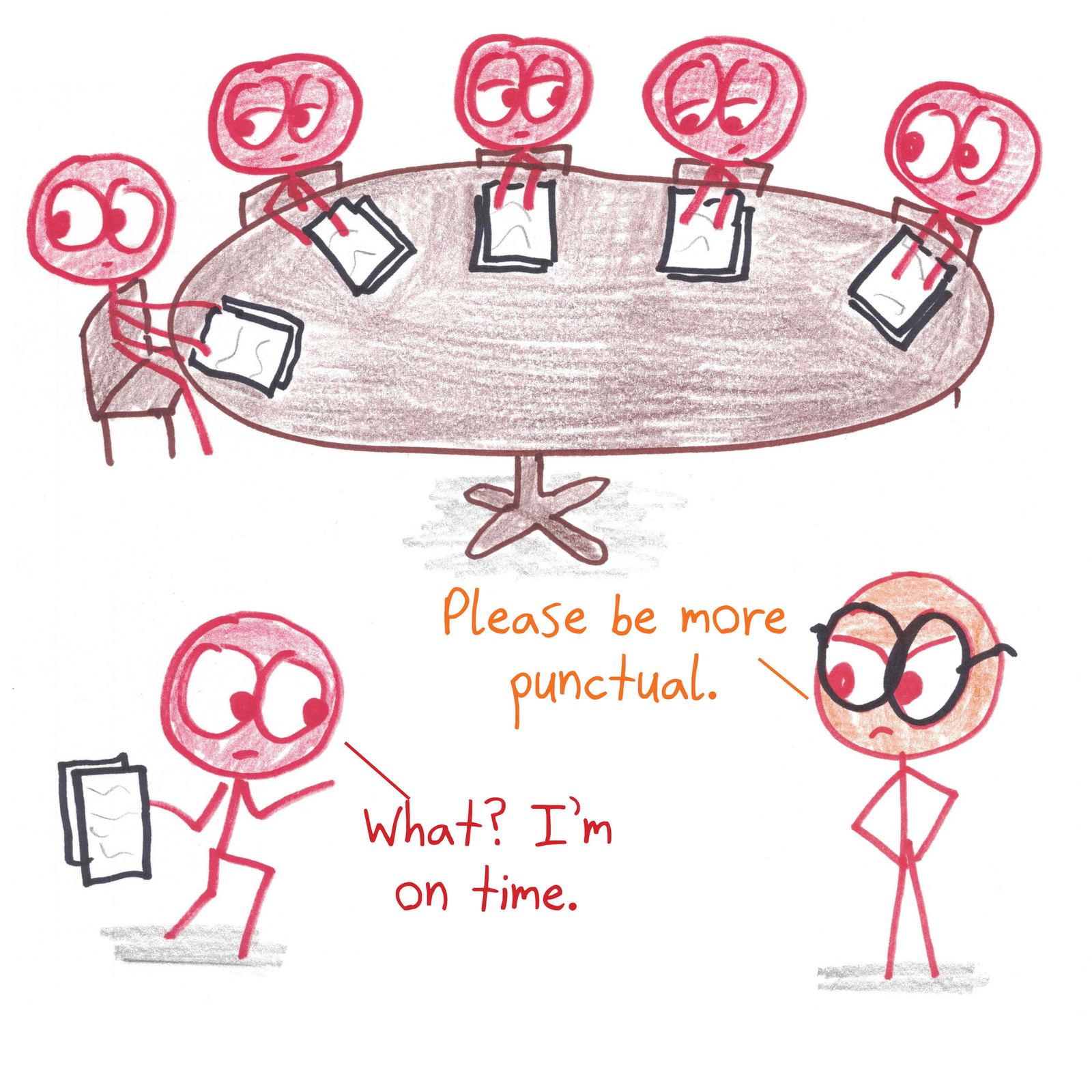 A boss says 'on time is five minutes late'; an employee applies the symmetric property of equality to conclude that five minutes late is on time. (panel 1 of 3)