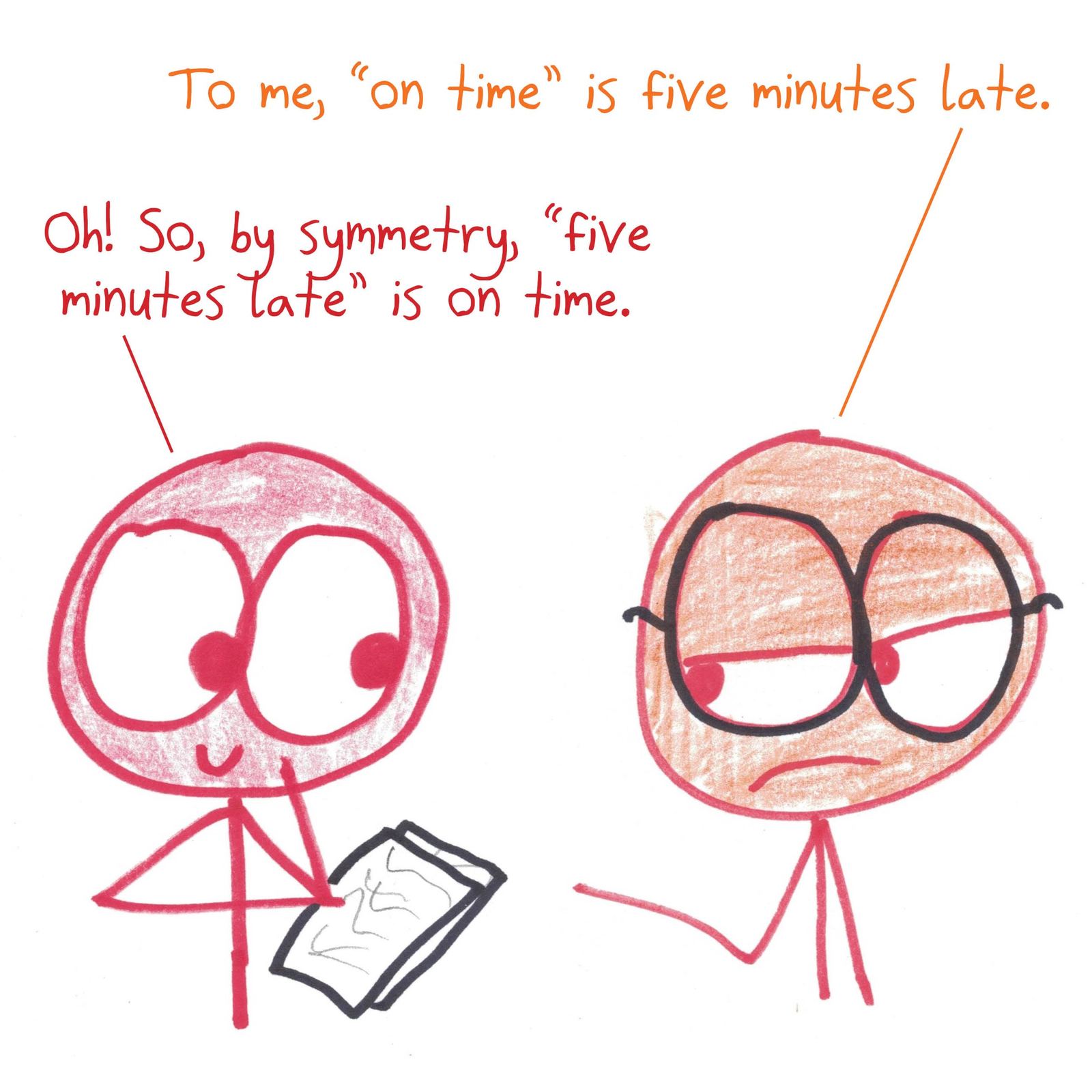 A boss says 'on time is five minutes late'; an employee applies the symmetric property of equality to conclude that five minutes late is on time. (panel 2 of 3)