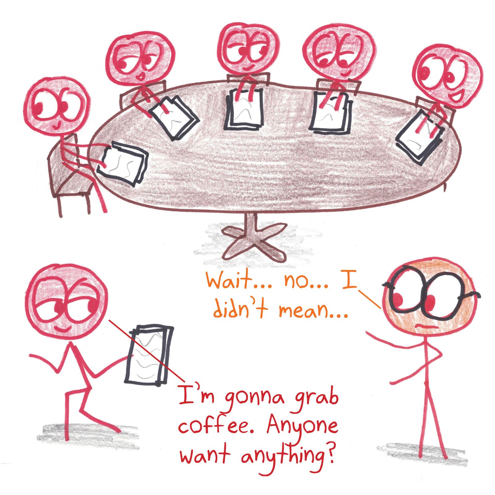 A boss says 'on time is five minutes late'; an employee applies the symmetric property of equality to conclude that five minutes late is on time. (panel 3 of 3)