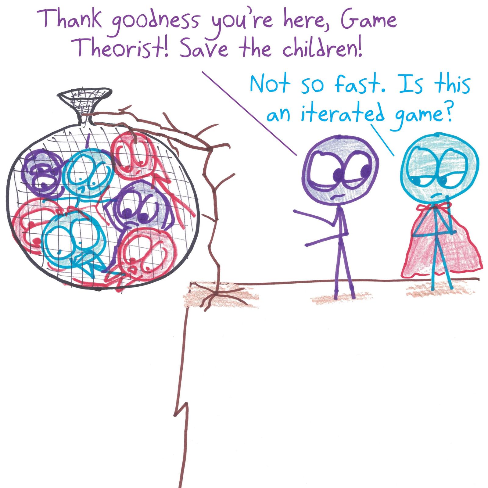 A caped Game Theorist refuses to rescue dangling children until he's analyzed the payoff matrix of the iterated hero–villain game, arguing that a strategic defection now would deter future crime. (panel 1 of 4)