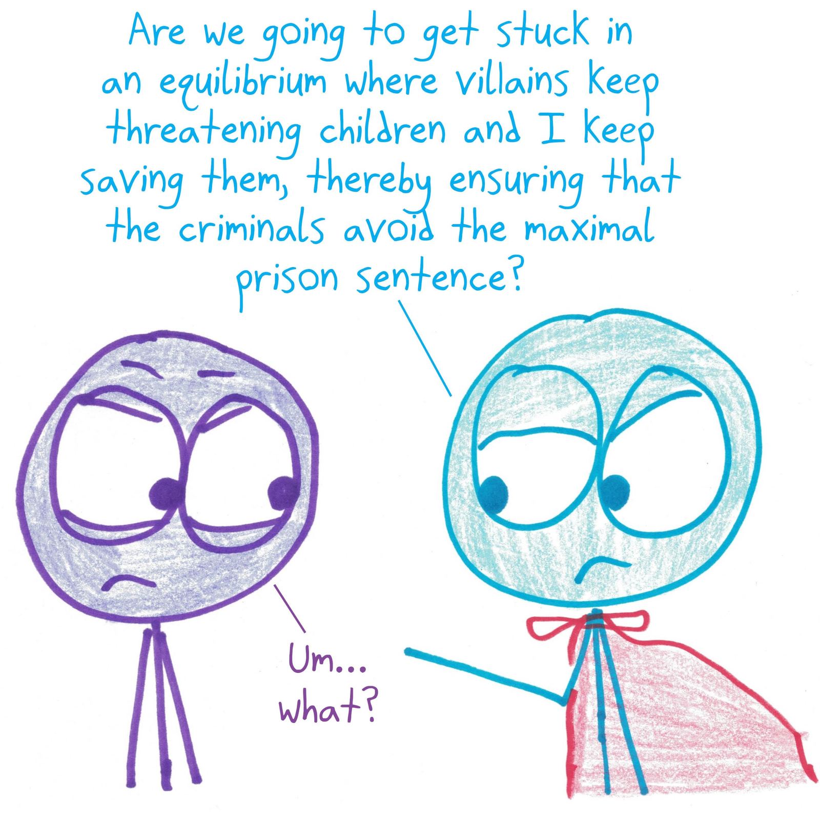 A caped Game Theorist refuses to rescue dangling children until he's analyzed the payoff matrix of the iterated hero–villain game, arguing that a strategic defection now would deter future crime. (panel 2 of 4)