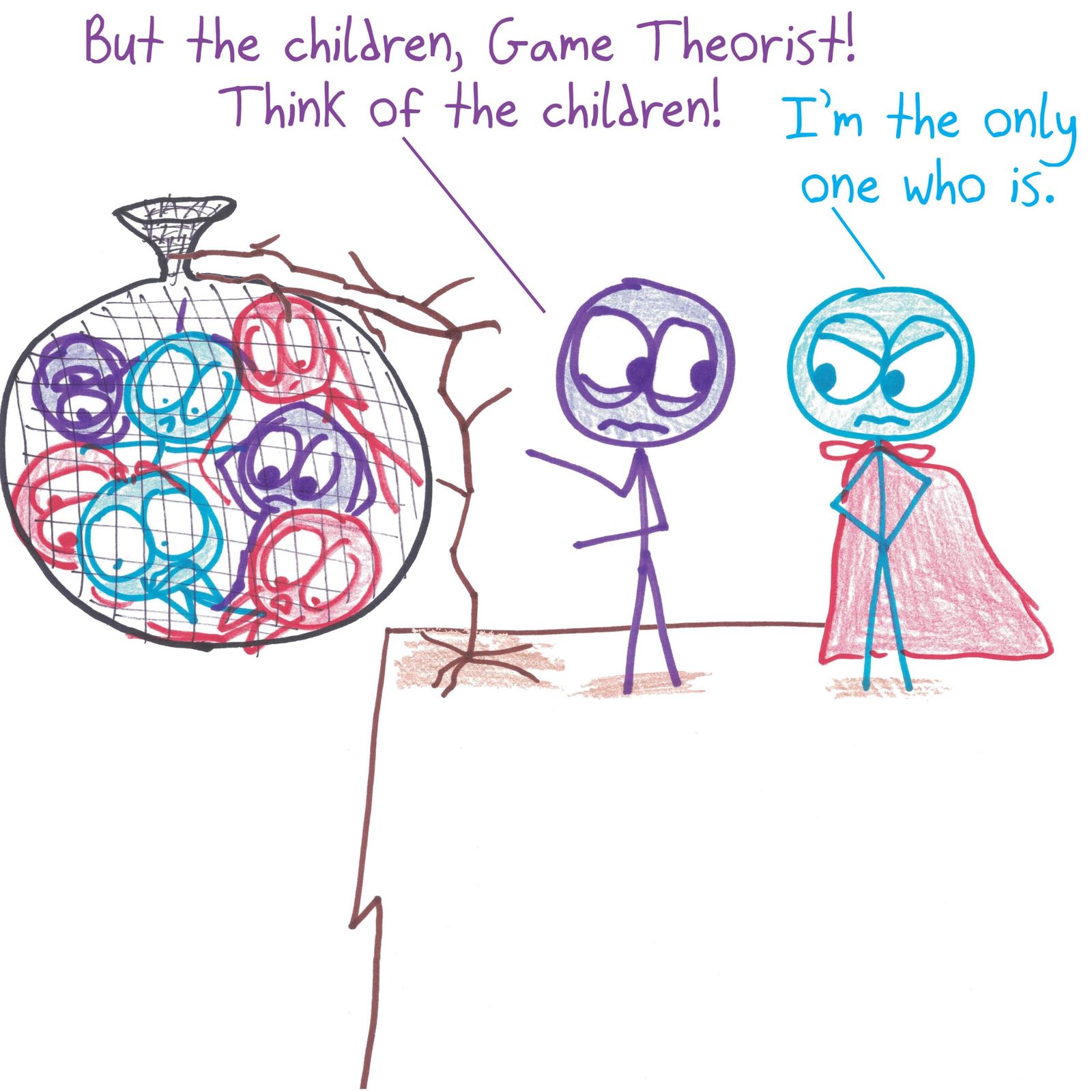 A caped Game Theorist refuses to rescue dangling children until he's analyzed the payoff matrix of the iterated hero–villain game, arguing that a strategic defection now would deter future crime. (panel 4 of 4)