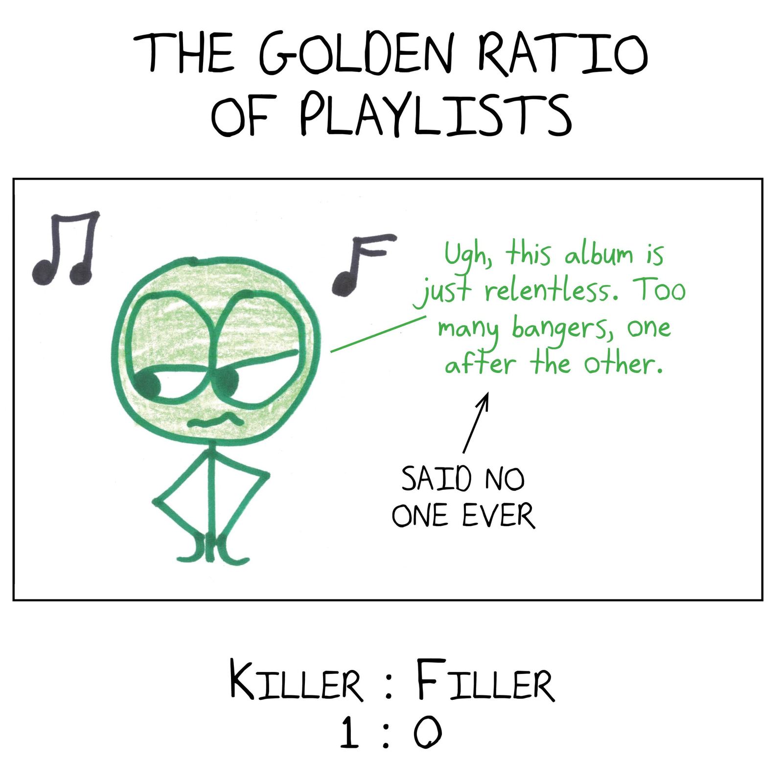 Five 'golden ratios' for everyday life (sundaes, parenting, playlists, podcasts, salad dressing), none of them 1.618. (panel 3 of 5)