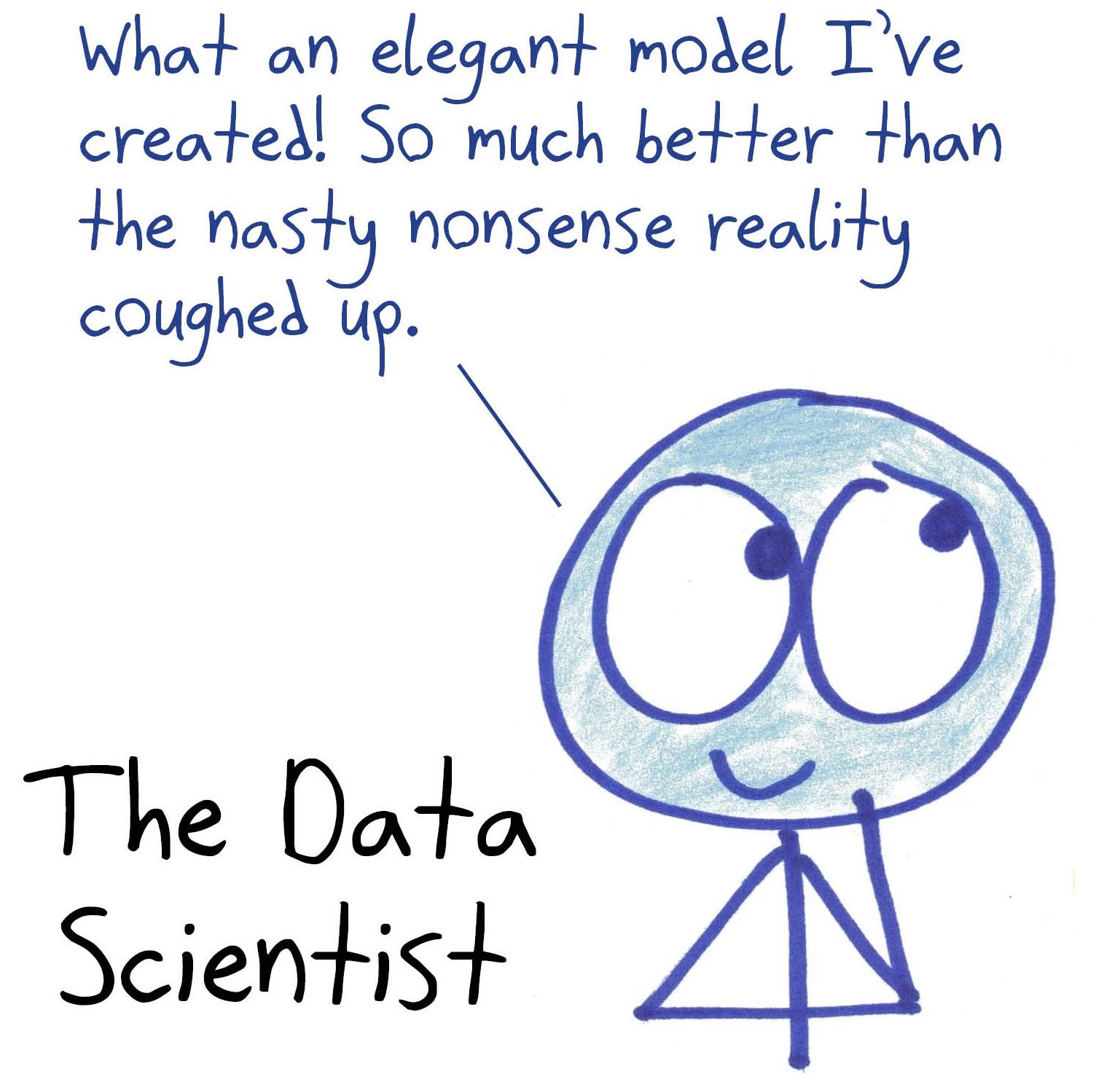 A data scientist admires a tidy model over the messy real data it was meant to describe.