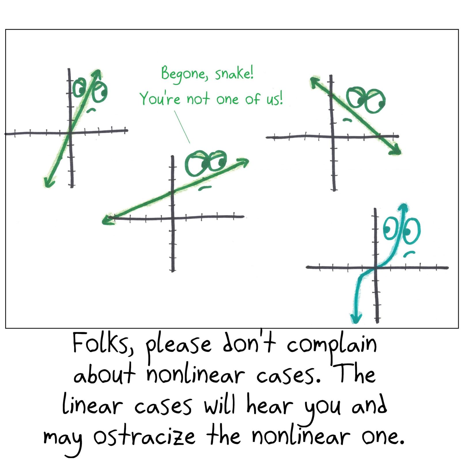 Three linear functions shun a curvy cubic as a 'snake,' in a plea not to complain about nonlinear cases.