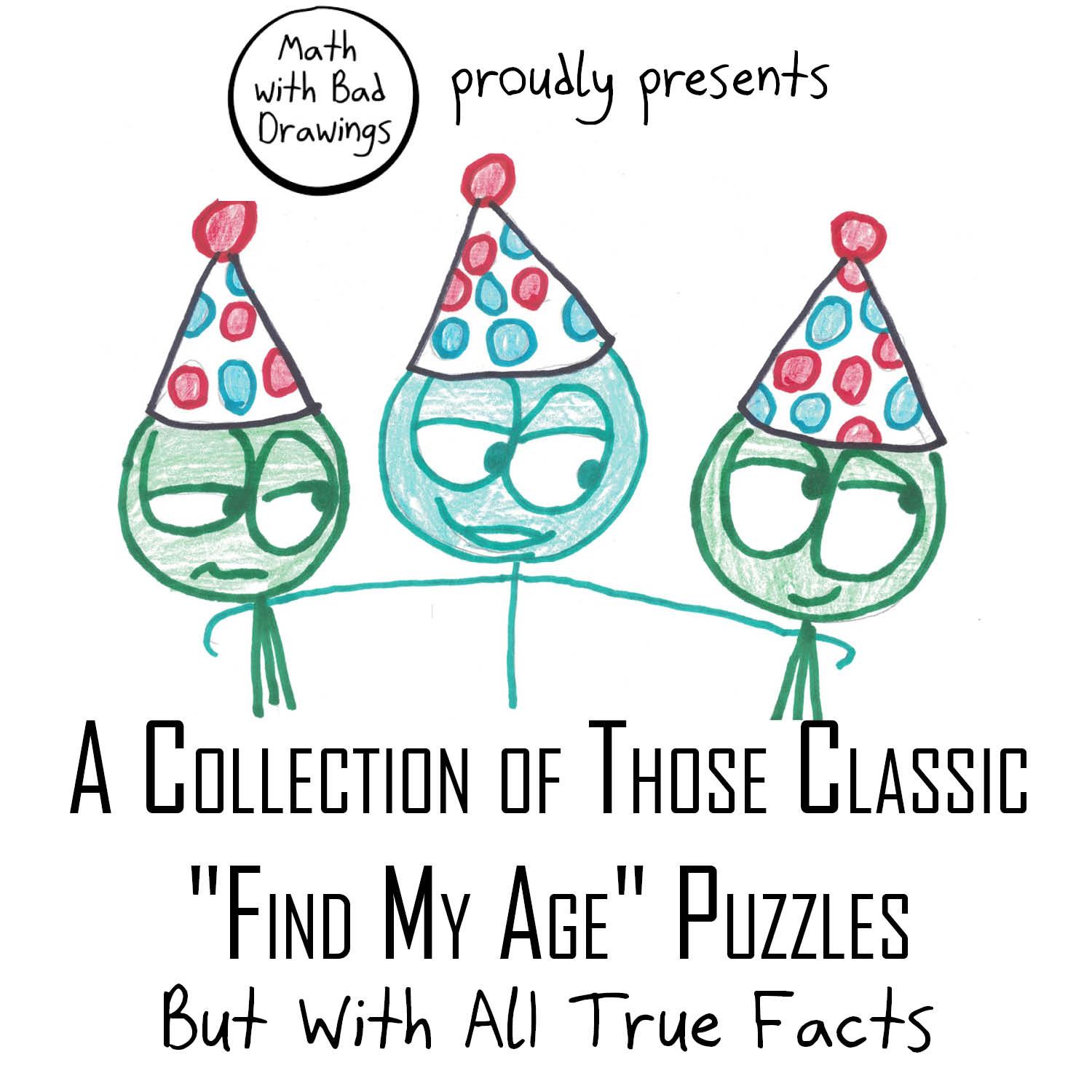A set of five 'find my age' puzzles built on true facts (Ja Rule's leap-day birthday, Anthony Hopkins's New Year's Eve birthday, Augustus and the missing year zero, De Morgan's x², and three brothers' arithmetic progression), with solutions. (panel 1 of 7)