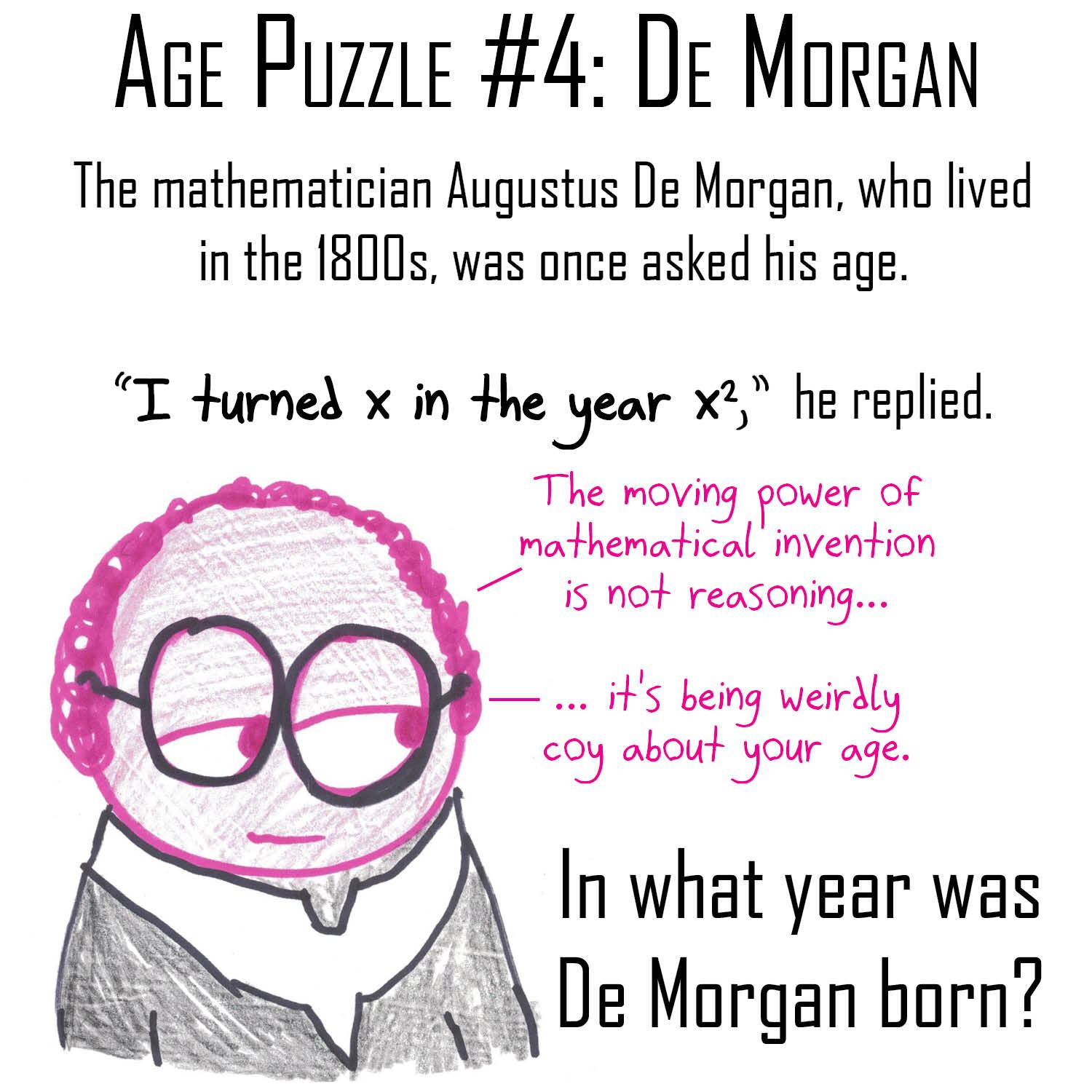 De Morgan turned x in the year x². When was he born? Solution on the full series page.