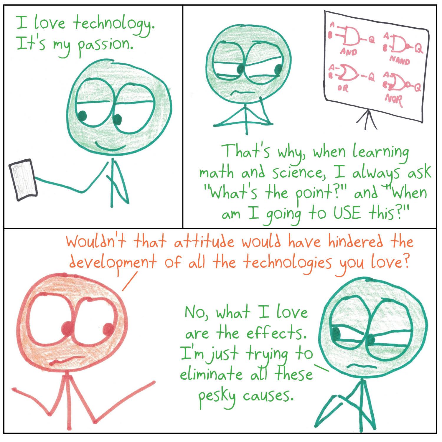 A tech lover dismisses the math and science behind technology: they love effects, not causes.