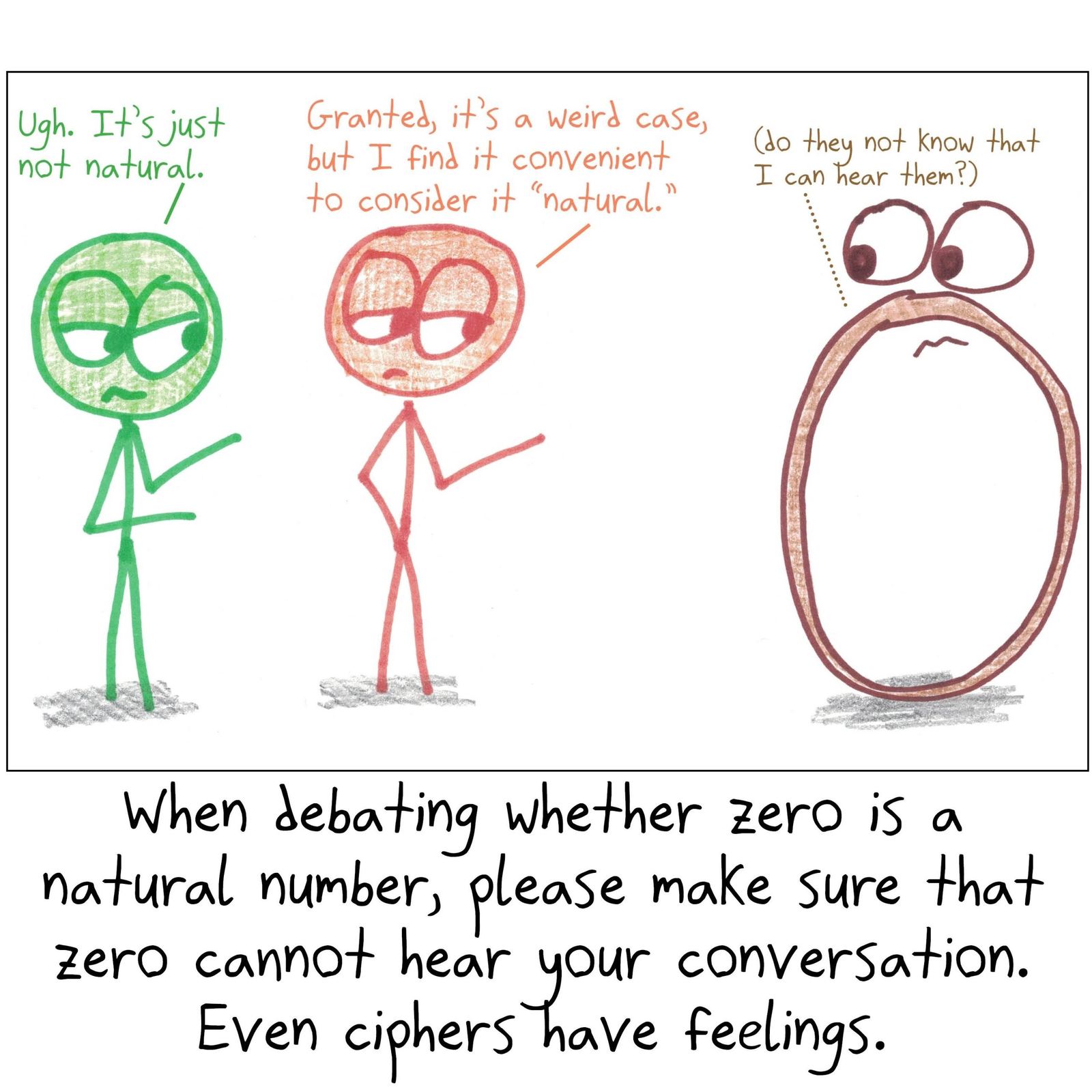 Two people debate whether zero is a natural number while zero overhears, hurt.