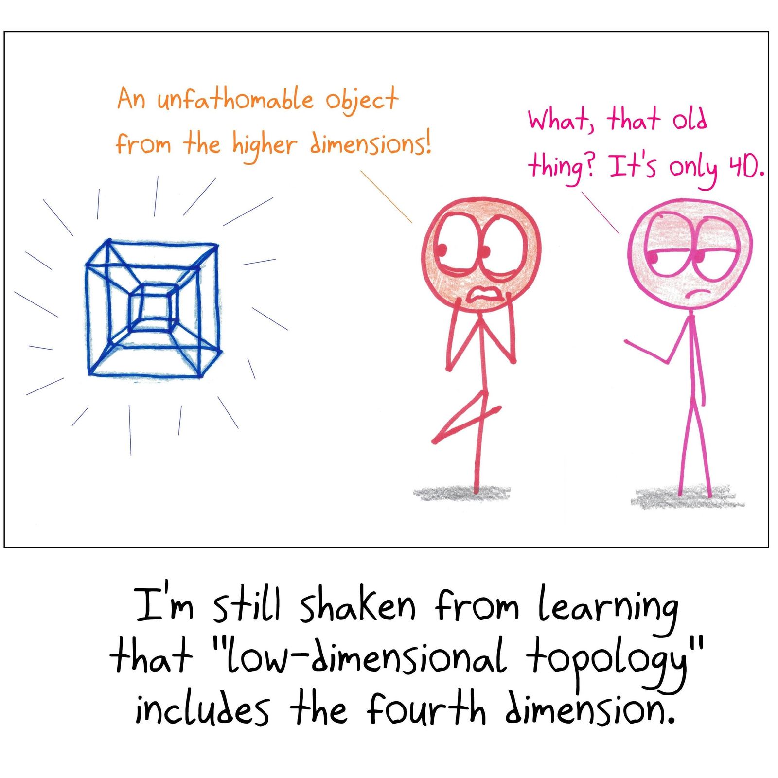 Someone awed by a tesseract is told it's 'only 4D,' since topologists count four dimensions as 'low.'