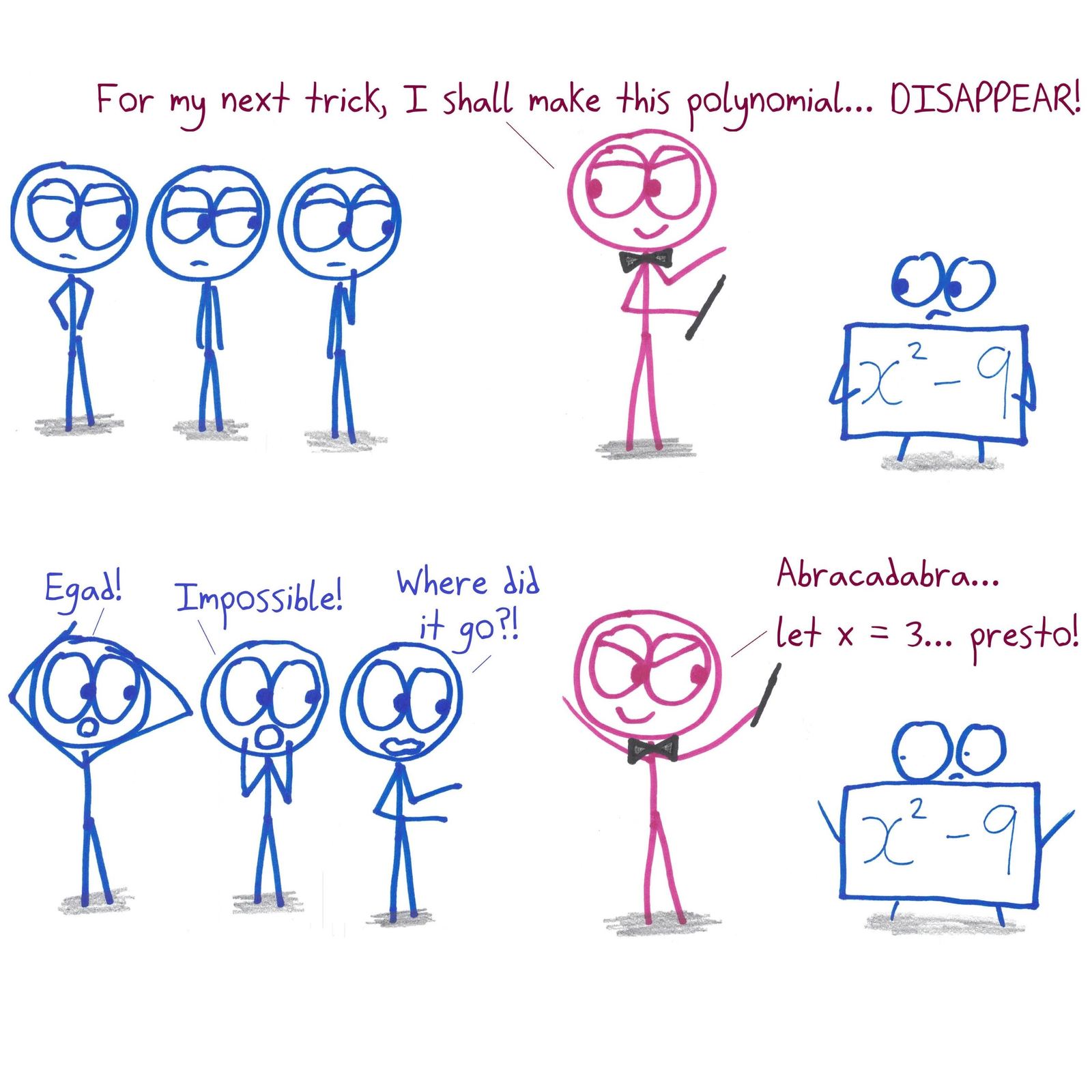 A magician 'makes x² − 9 disappear' by letting x = 3, its root, to an amazed audience.