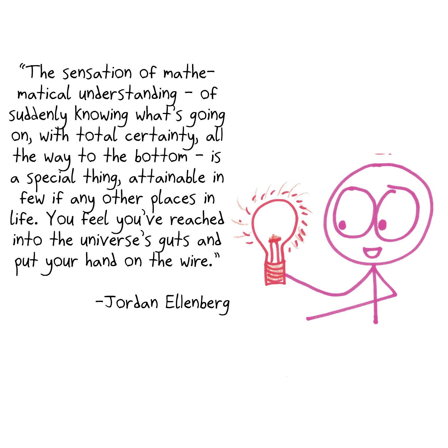 Jordan Ellenberg on the thrill of understanding, illustrated by a grinning figure holding a glowing light bulb.