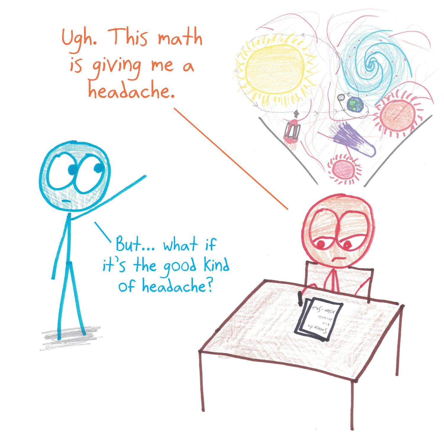 A student complains that math gives them a headache while a whole cosmos swirls above their head.