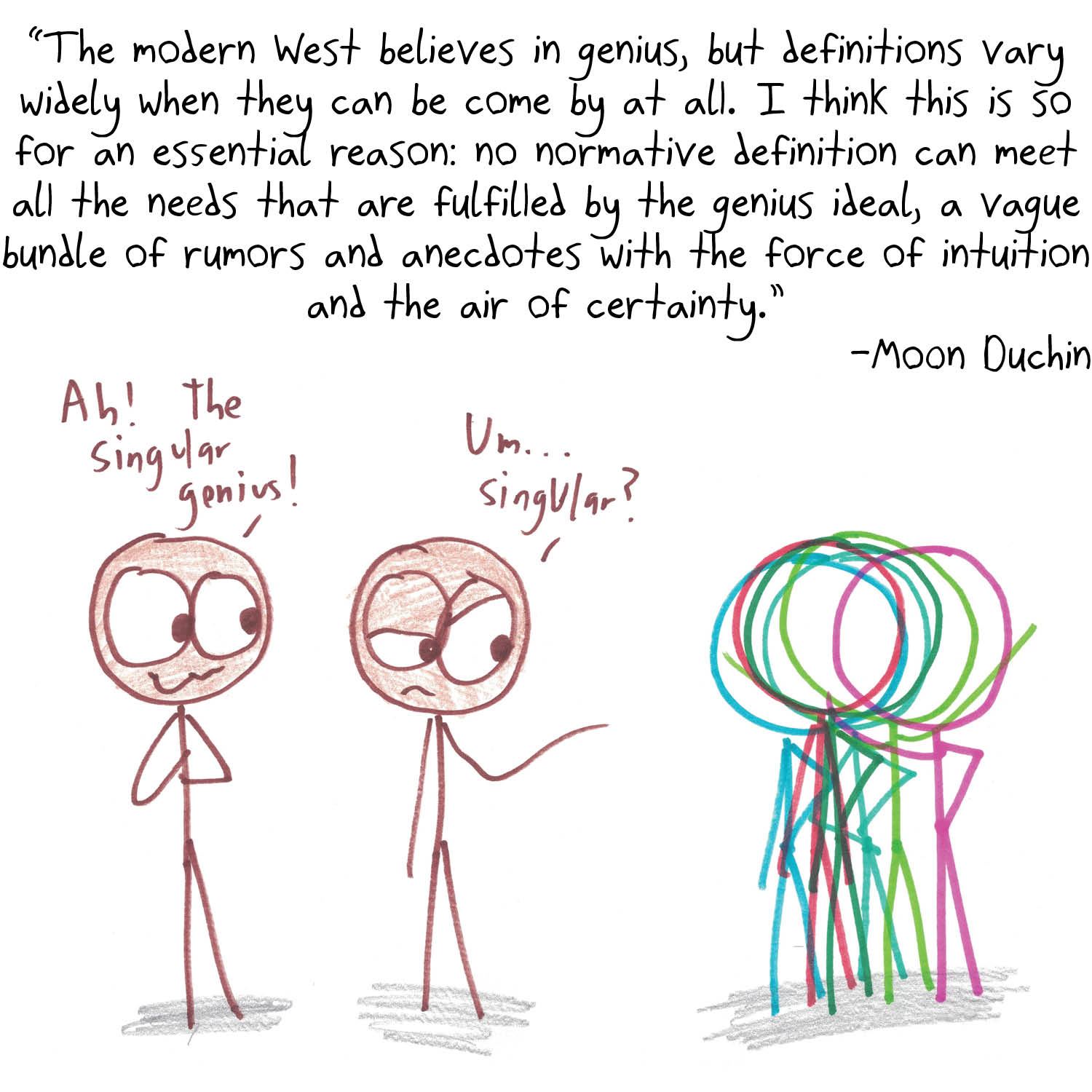 Moon Duchin on the myth of genius, illustrated by a 'singular genius' who is actually many overlapping people.