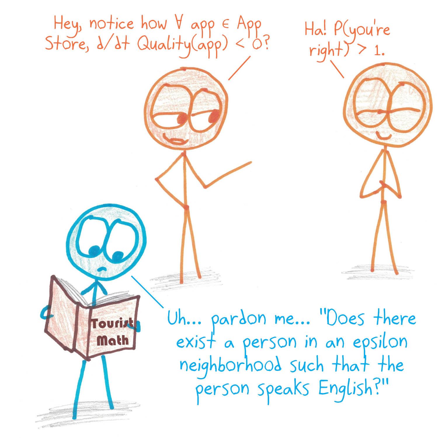 Two locals chat in math notation, and a tourist with a phrasebook asks for directions in epsilons and quantifiers.