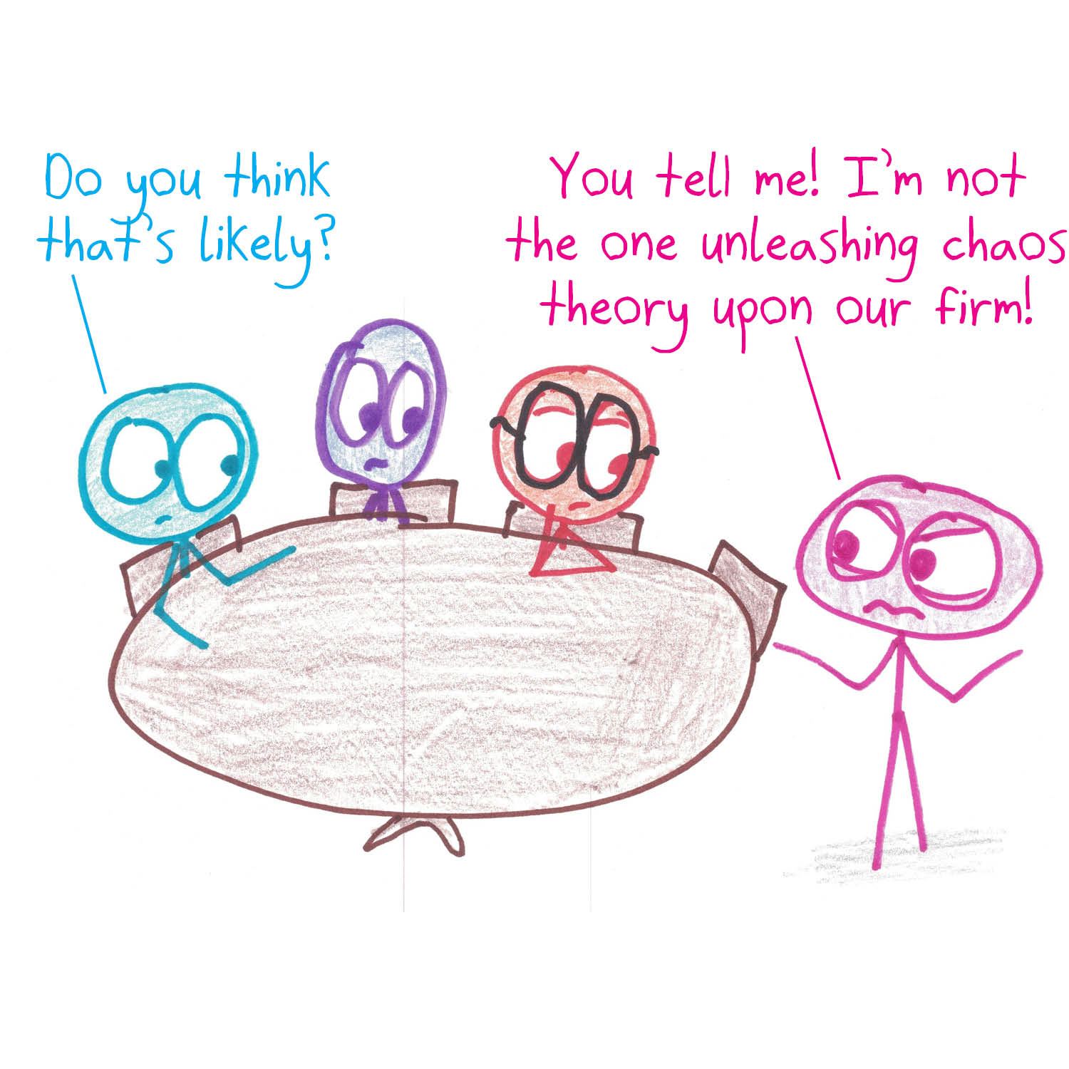 A mathematician takes the jargon 'let's iterate' literally, panicking over cycles, fixed points and sensitive dependence in the company's planning process. (panel 6 of 6)