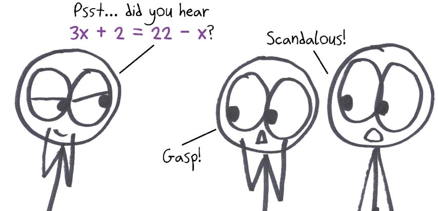Two gossips gasp over a juicy equation: 3x + 2 = 22 − x. Equations as gossip.