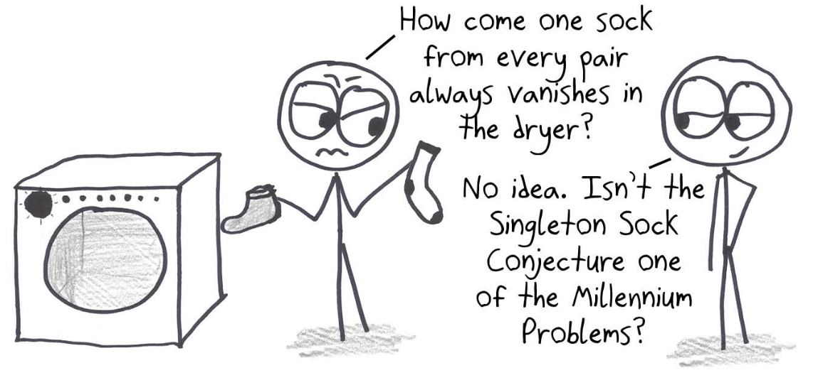 Why does one sock from every pair vanish in the dryer? A friend suggests the Singleton Sock Conjecture is one of the Millennium Problems, math's million-dollar open questions.